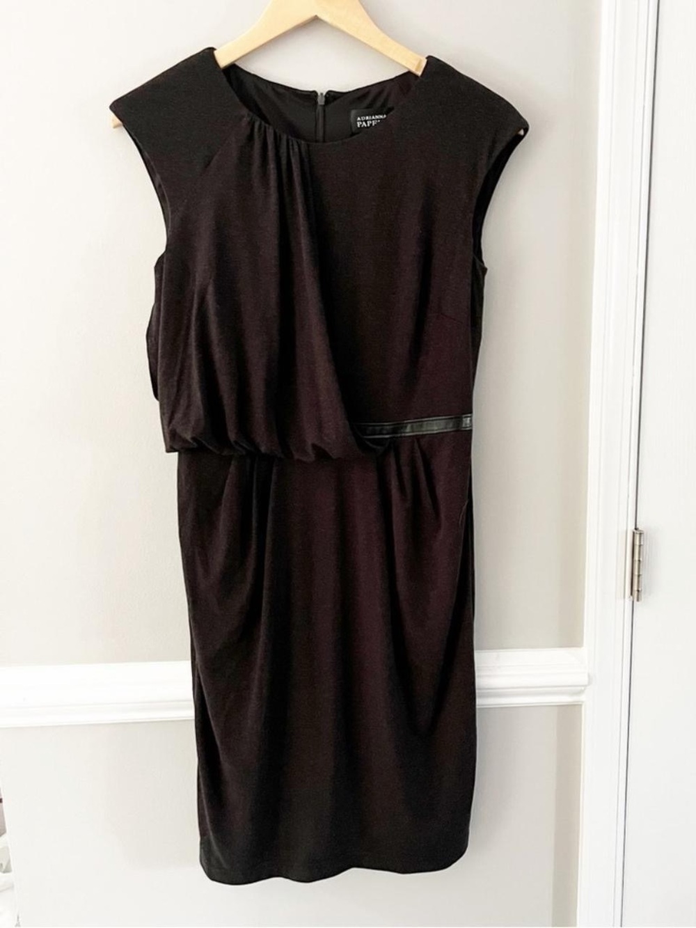 Adrianna Papell Draped Black Dress Faux Leather Trim Size 6 Midi Sleeveless